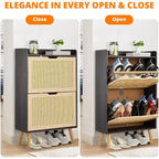 Meuble à Chaussures 2 Niveaux en Rotin Tressé, Profondeur Étroite de 23,5 cm avec Tiroirs Basculants & Dispositif Anti-Basculement, Contient 12 à 18 Paires
