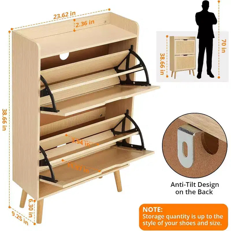 Meuble à Chaussures 2 Niveaux en Rotin Tressé, Profondeur Étroite de 23,5 cm avec Tiroirs Basculants & Dispositif Anti-Basculement, Contient 12 à 18 Paires
