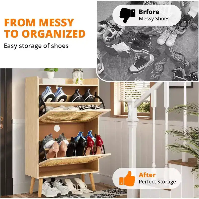 Meuble à Chaussures 2 Niveaux en Rotin Tressé, Profondeur Étroite de 23,5 cm avec Tiroirs Basculants & Dispositif Anti-Basculement, Contient 12 à 18 Paires