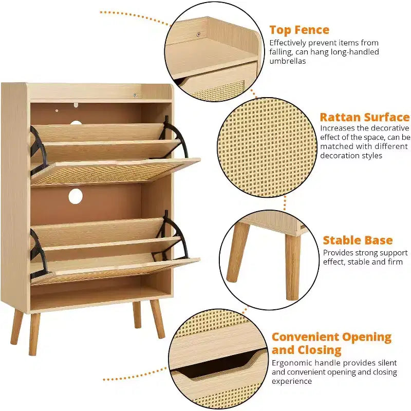 Meuble à Chaussures 2 Niveaux en Rotin Tressé, Profondeur Étroite de 23,5 cm avec Tiroirs Basculants & Dispositif Anti-Basculement, Contient 12 à 18 Paires