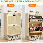 Meuble à Chaussures 2 Niveaux en Rotin Tressé, Profondeur Étroite de 23,5 cm avec Tiroirs Basculants & Dispositif Anti-Basculement, Contient 12 à 18 Paires