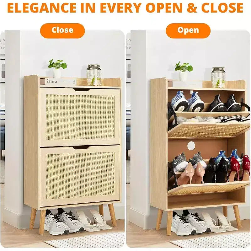 Meuble à Chaussures 2 Niveaux en Rotin Tressé, Profondeur Étroite de 23,5 cm avec Tiroirs Basculants & Dispositif Anti-Basculement, Contient 12 à 18 Paires