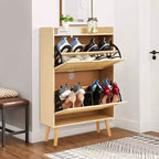 Meuble à Chaussures 2 Niveaux en Rotin Tressé, Profondeur Étroite de 23,5 cm avec Tiroirs Basculants & Dispositif Anti-Basculement, Contient 12 à 18 Paires