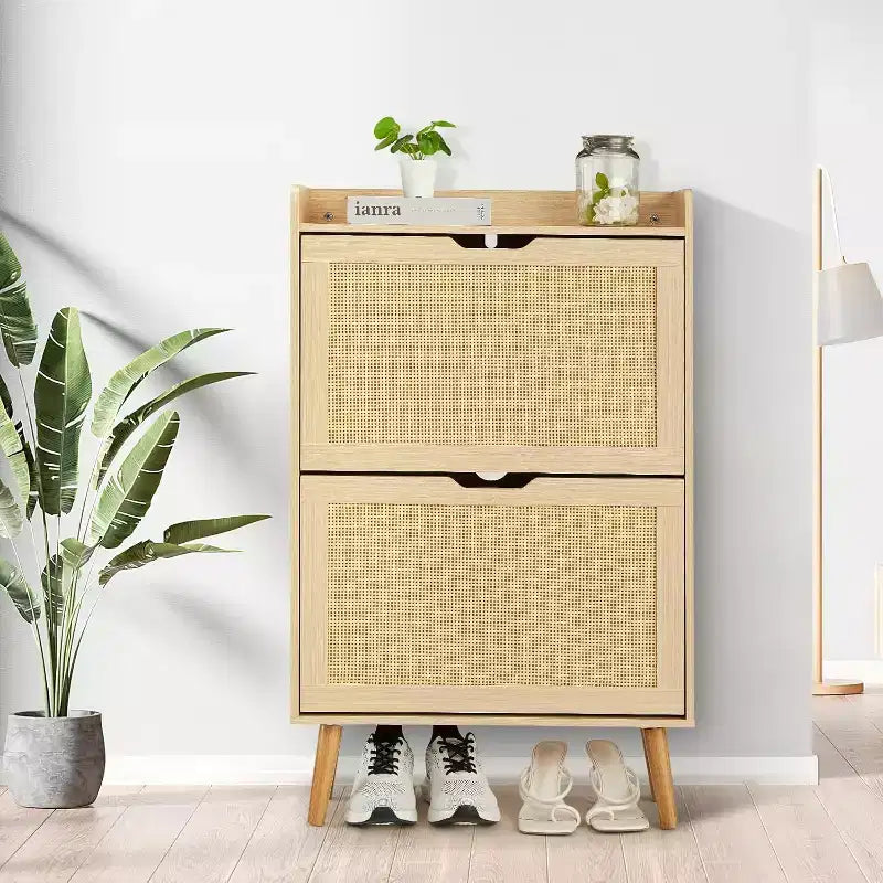 Meuble à Chaussures 2 Niveaux en Rotin Tressé, Profondeur Étroite de 23,5 cm avec Tiroirs Basculants & Dispositif Anti-Basculement, Contient 12 à 18 Paires
