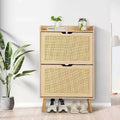 Woven Rattan 2-Tier Shoe Cabinet, Narrow 9.25-Inch Depth with Flip-Drawers & Anti-Tip Design, Holds 12-18 Pairs