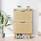 Woven Rattan 2-Tier Shoe Cabinet, Narrow 9.25-Inch Depth with Flip-Drawers & Anti-Tip Design, Holds 12-18 Pairs
