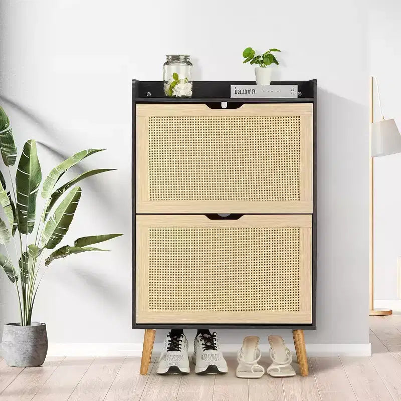 Meuble à Chaussures 2 Niveaux en Rotin Tressé, Profondeur Étroite de 23,5 cm avec Tiroirs Basculants & Dispositif Anti-Basculement, Contient 12 à 18 Paires