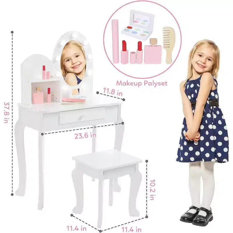 Coiffeuse Acekool pour enfants avec miroir et tabouret, ensemble de jeu en bois pour filles de 4 à 9 ans