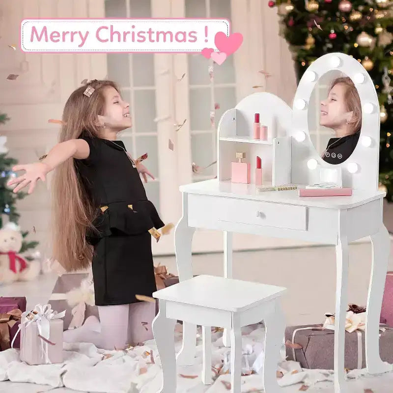 Coiffeuse Acekool pour enfants avec miroir et tabouret, ensemble de jeu en bois pour filles de 4 à 9 ans