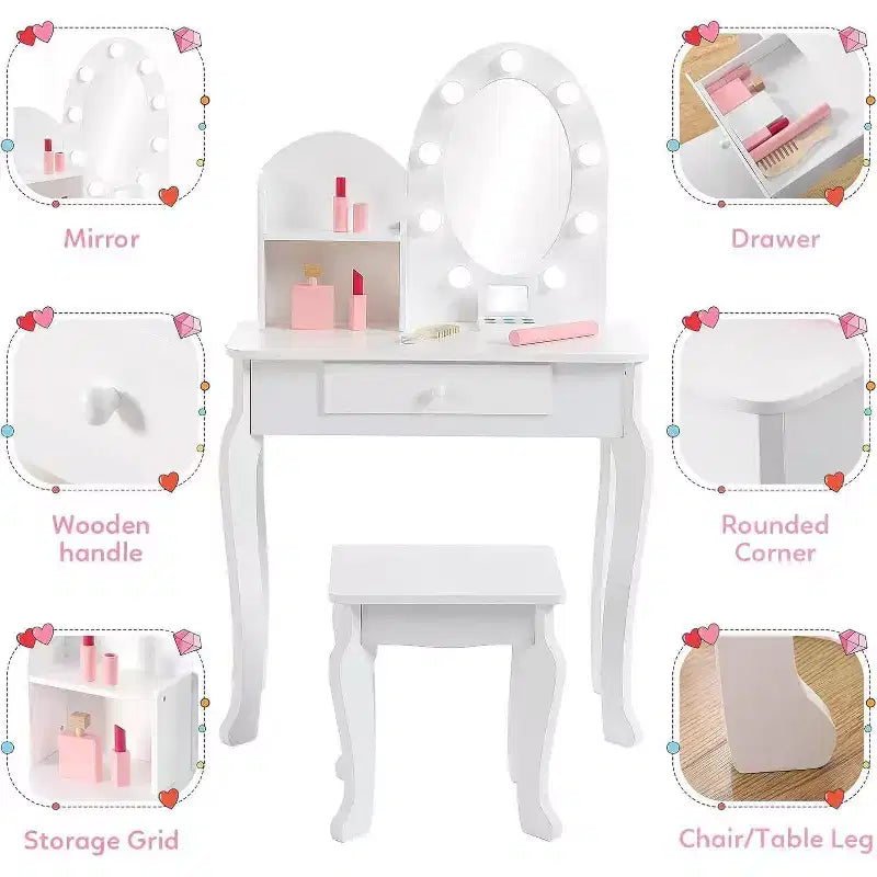 Coiffeuse Acekool pour enfants avec miroir et tabouret, ensemble de jeu en bois pour filles de 4 à 9 ans
