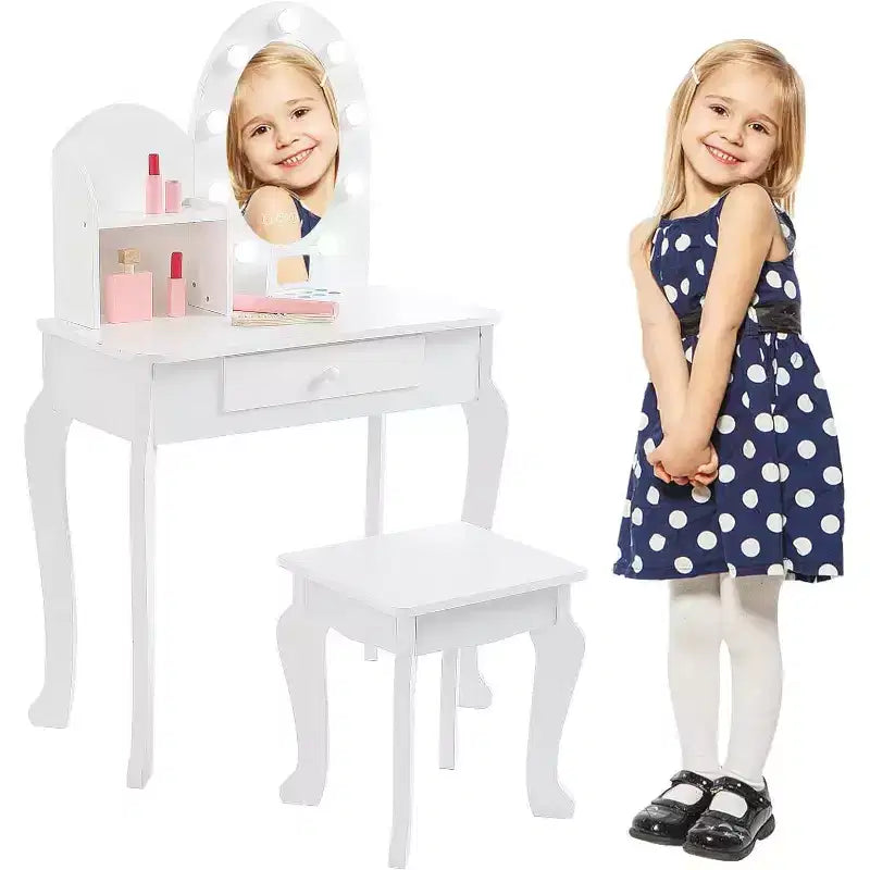 Coiffeuse Acekool pour enfants avec miroir et tabouret, ensemble de jeu en bois pour filles de 4 à 9 ans