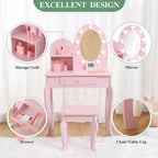 Coiffeuse Acekool pour enfants avec miroir et tabouret, ensemble de jeu en bois pour filles de 4 à 9 ans