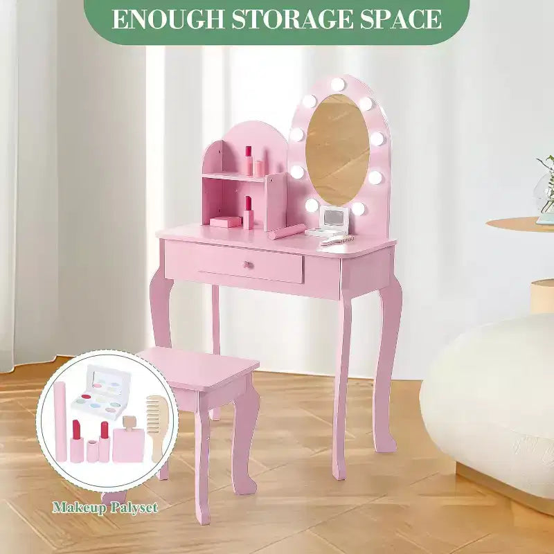 Coiffeuse Acekool pour enfants avec miroir et tabouret, ensemble de jeu en bois pour filles de 4 à 9 ans