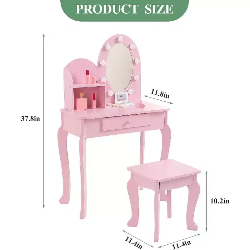 Coiffeuse Acekool pour enfants avec miroir et tabouret, ensemble de jeu en bois pour filles de 4 à 9 ans