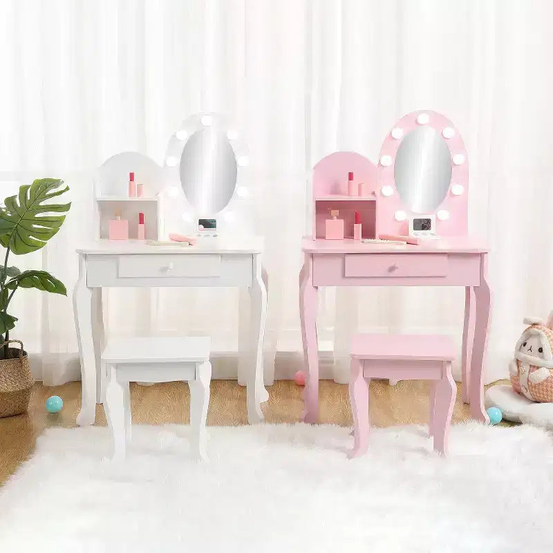 Coiffeuse Acekool pour enfants avec miroir et tabouret, ensemble de jeu en bois pour filles de 4 à 9 ans