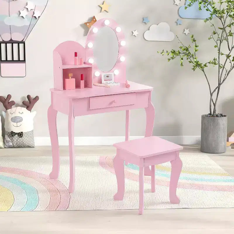 Coiffeuse Acekool pour enfants avec miroir et tabouret, ensemble de jeu en bois pour filles de 4 à 9 ans