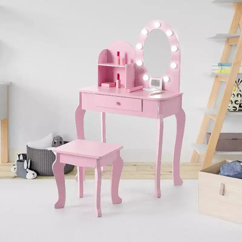 Coiffeuse Acekool pour enfants avec miroir et tabouret, ensemble de jeu en bois pour filles de 4 à 9 ans