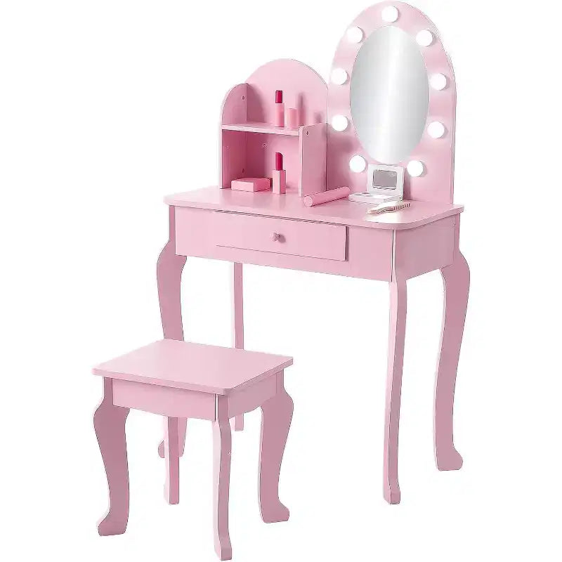 Acekool Kids Vanity Set with Mirror and Stool, Wooden Makeup Table Dress Up Playset for Girls Ages 4 - 9