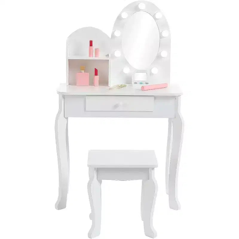 Coiffeuse Acekool pour enfants avec miroir et tabouret, ensemble de jeu en bois pour filles de 4 à 9 ans