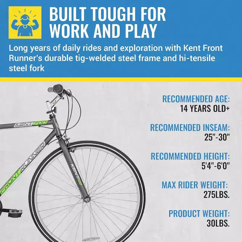 Kent International Front Runner Hybrid Bike - 700c - City Bike with 7 Speed Drivetrain, Lightweight Alloy Wheels, and Height Adjustable Seat Post