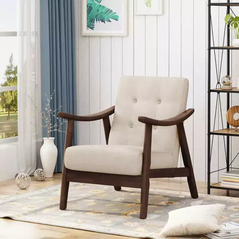 MAYEERTY Fauteuil capitonné moderne du milieu du siècle, revêtement beige, cadre marron, salon, salle à manger