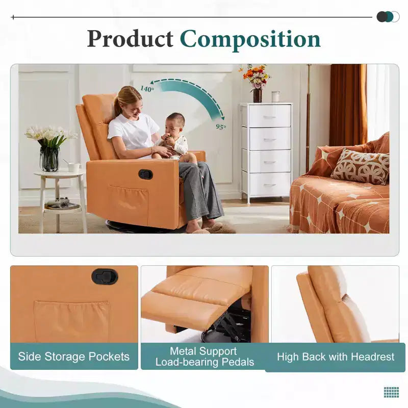 Fauteuil inclinable pivotant TUYOHW, fauteuil de pépinière coulissant avec repose-pieds extra large, dossier haut, siège profond, fauteuil d'appoint marron pour salon, pépinière, chambre à coucher
