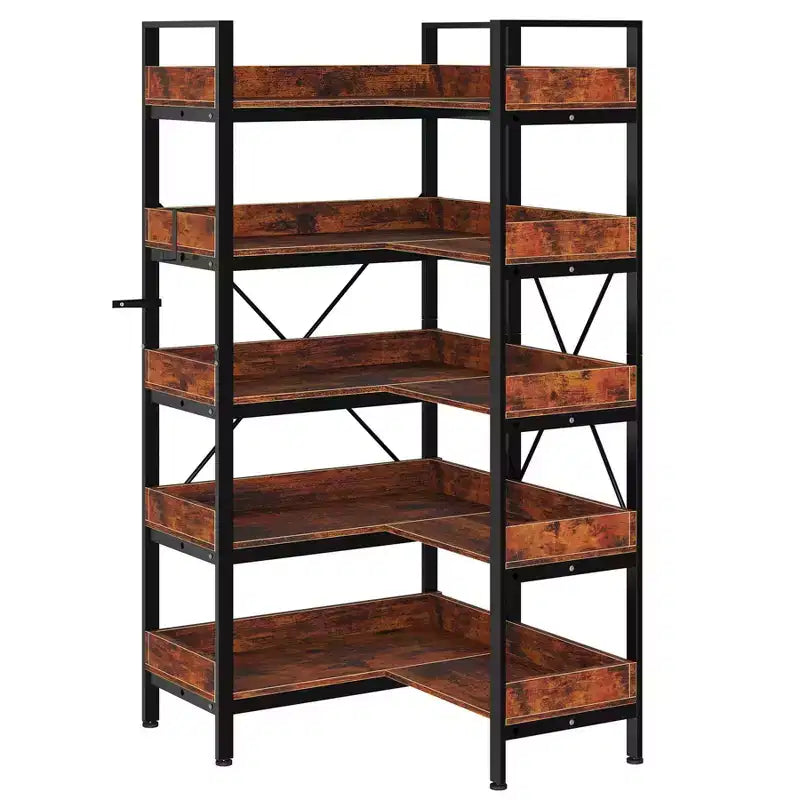 Étagère à 5 niveaux, bibliothèque d'angle réversible en forme de L, bibliothèque industrielle en bois de 65 po avec étagères ouvertes et cadre en métal, pieds réglables
