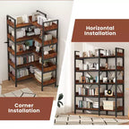 Étagère à 5 niveaux, bibliothèque d'angle réversible en forme de L, bibliothèque industrielle en bois de 65 po avec étagères ouvertes et cadre en métal, pieds réglables