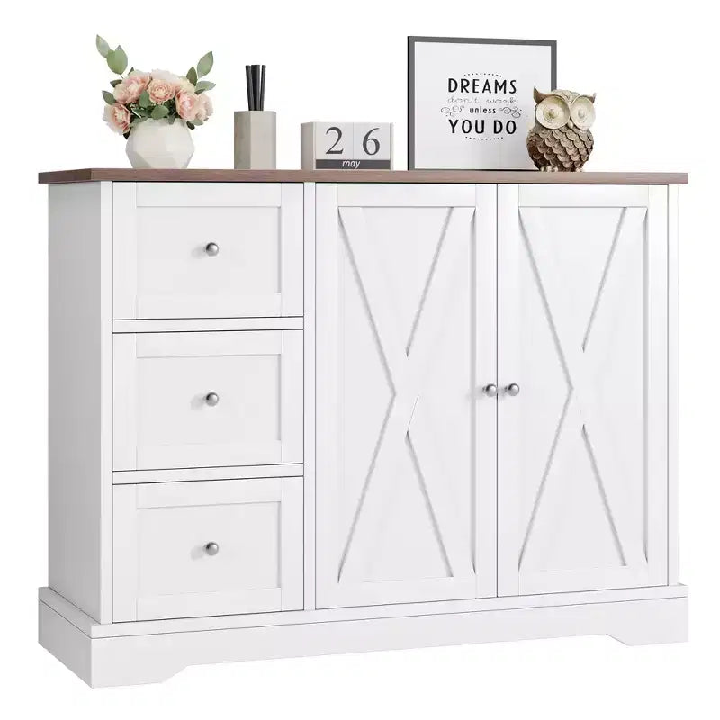 Buffet Cabinet with Storage, 42 Inch White Sideboard Coffee Bar with 3 Drawers, Space-Saving Legless Design for Small Spaces, White
