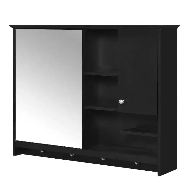 FAMYYT Armoire à pharmacie rectangulaire en MDF avec miroir, 6 étagères, boutons porte-serviettes