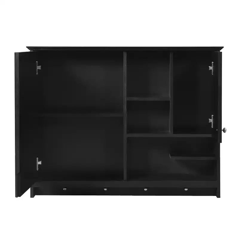 FAMYYT Armoire à pharmacie rectangulaire en MDF avec miroir, 6 étagères, boutons porte-serviettes