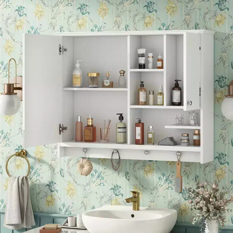 FAMYYT Armoire à pharmacie rectangulaire en MDF avec miroir, 6 étagères, boutons porte-serviettes