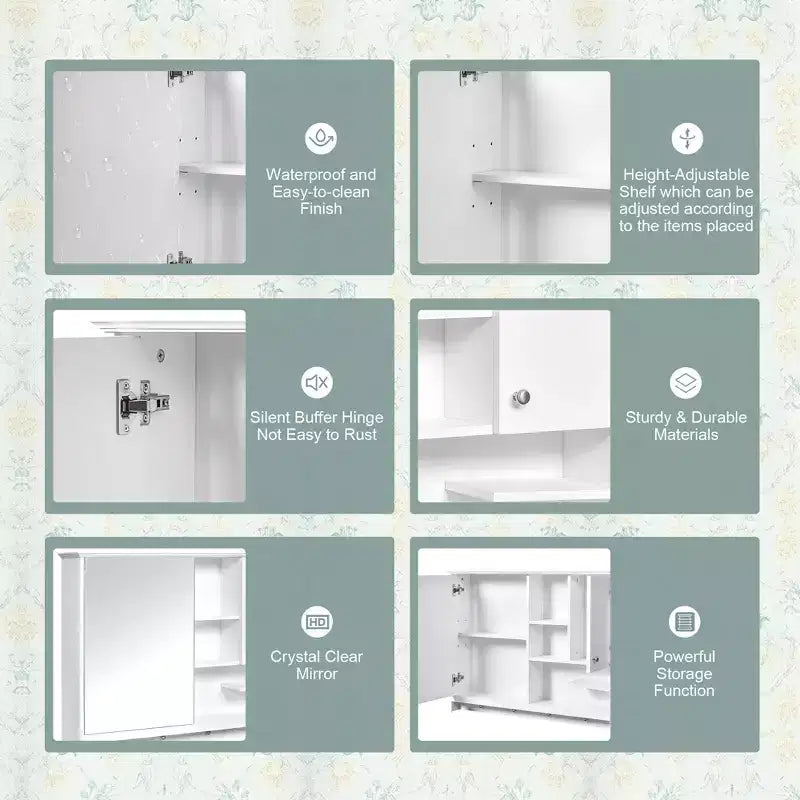 FAMYYT Armoire à pharmacie rectangulaire en MDF avec miroir, 6 étagères, boutons porte-serviettes