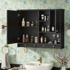FAMYYT Armoire à pharmacie rectangulaire en MDF avec miroir, 6 étagères, boutons porte-serviettes
