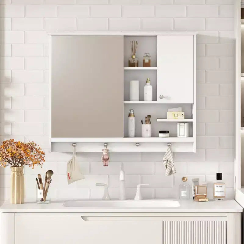 FAMYYT Armoire à pharmacie rectangulaire en MDF avec miroir, 6 étagères, boutons porte-serviettes