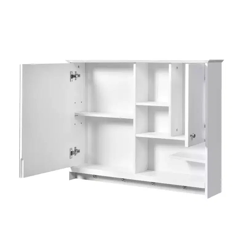 FAMYYT Armoire à pharmacie rectangulaire en MDF avec miroir, 6 étagères, boutons porte-serviettes
