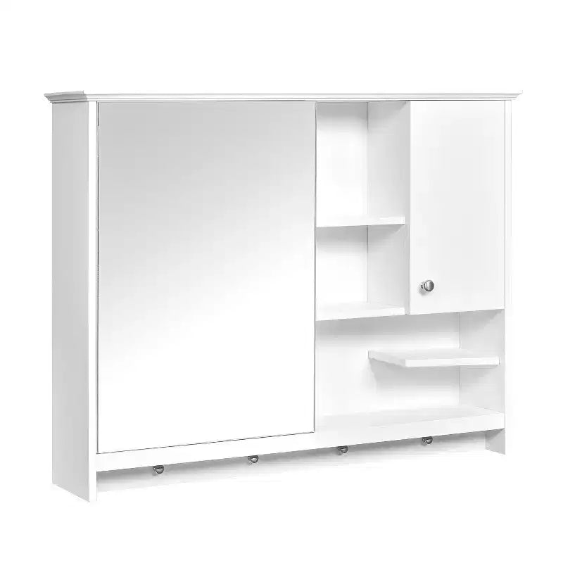 FAMYYT Armoire à pharmacie rectangulaire en MDF avec miroir, 6 étagères, boutons porte-serviettes