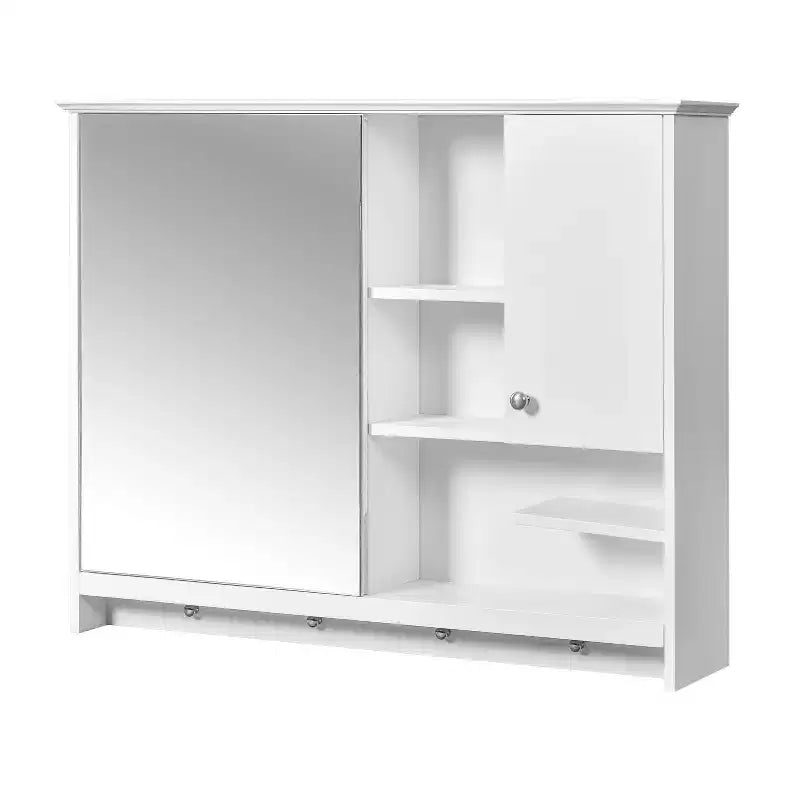 FAMYYT Armoire à pharmacie rectangulaire en MDF avec miroir, 6 étagères, boutons porte-serviettes