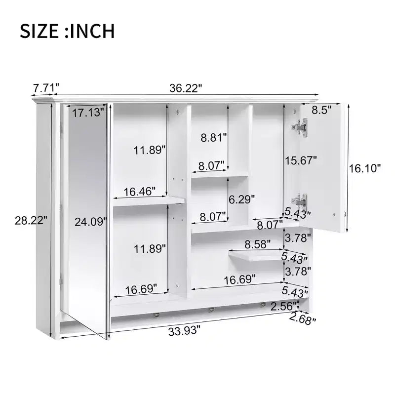 FAMYYT Armoire à pharmacie rectangulaire en MDF avec miroir, 6 étagères, boutons porte-serviettes