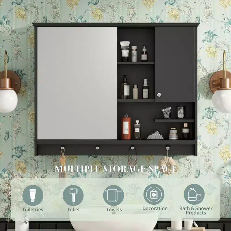 FAMYYT Armoire à pharmacie rectangulaire en MDF avec miroir, 6 étagères, boutons porte-serviettes
