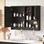 FAMYYT Armoire à pharmacie rectangulaire en MDF avec miroir, 6 étagères, boutons porte-serviettes