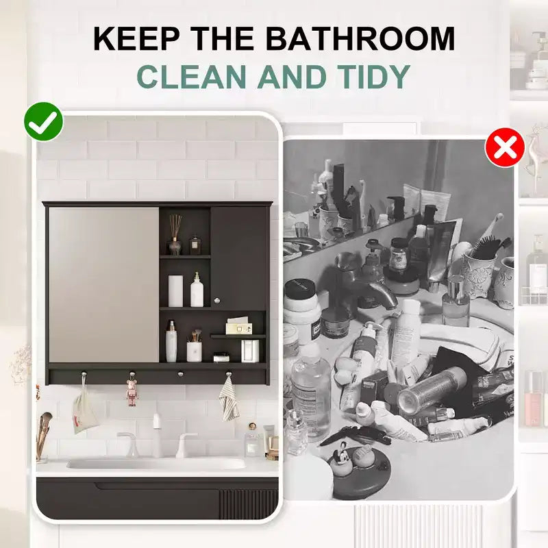 FAMYYT Armoire à pharmacie rectangulaire en MDF avec miroir, 6 étagères, boutons porte-serviettes
