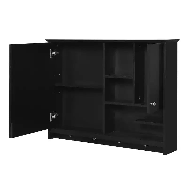 FAMYYT Armoire à pharmacie rectangulaire en MDF avec miroir, 6 étagères, boutons porte-serviettes