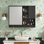 FAMYYT Rectangular MDF Medicine Cabinet with Mirror, 6 Shelves, Towel-hanging Buttons