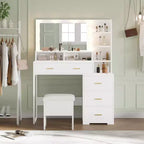 Vanity Desk with 9 LED Mirror & Drawers, 4 Large Drawers and 3 Tiers of Open Shelves for Bedroom, White