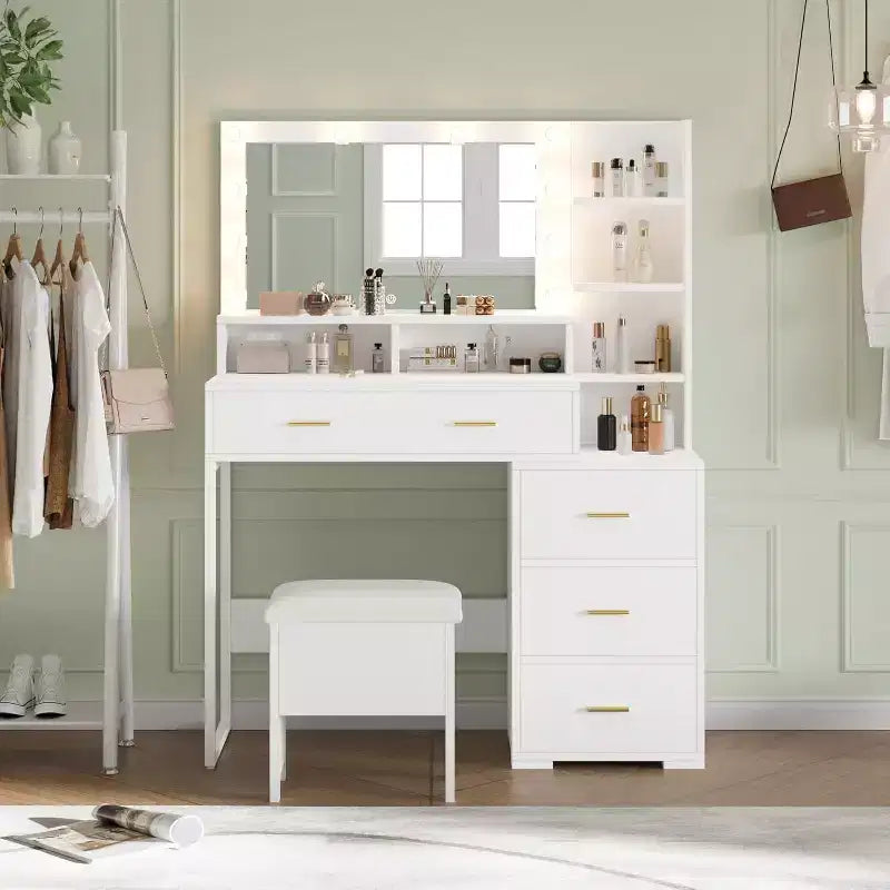 Vanity Desk with 9 LED Mirror & Drawers, 4 Large Drawers and 3 Tiers of Open Shelves for Bedroom, White