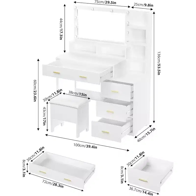 Vanity Desk with 9 LED Mirror & Drawers, 4 Large Drawers and 3 Tiers of Open Shelves for Bedroom, White