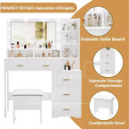 Vanity Desk with 9 LED Mirror & Drawers, 4 Large Drawers and 3 Tiers of Open Shelves for Bedroom, White