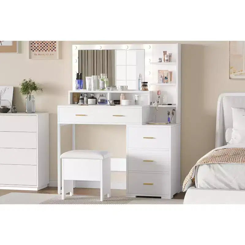 Vanity Desk with 9 LED Mirror & Drawers, 4 Large Drawers and 3 Tiers of Open Shelves for Bedroom, White