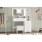 Vanity Desk with 9 LED Mirror & Drawers, 4 Large Drawers and 3 Tiers of Open Shelves for Bedroom, White